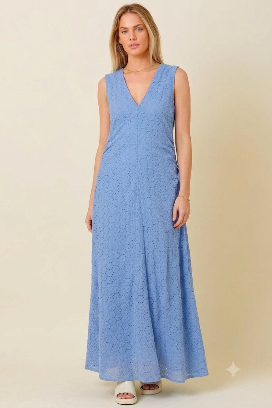 Donna Morgan Blue Eyelet Cotton Maxi Dress Womens 14 V Neck Ruched Summer Event